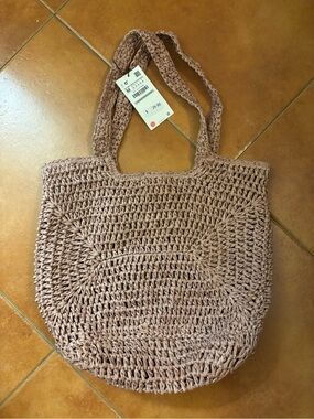 Zara woven straw tote bag beautiful dark rose/taupe all lined Brand new w tags